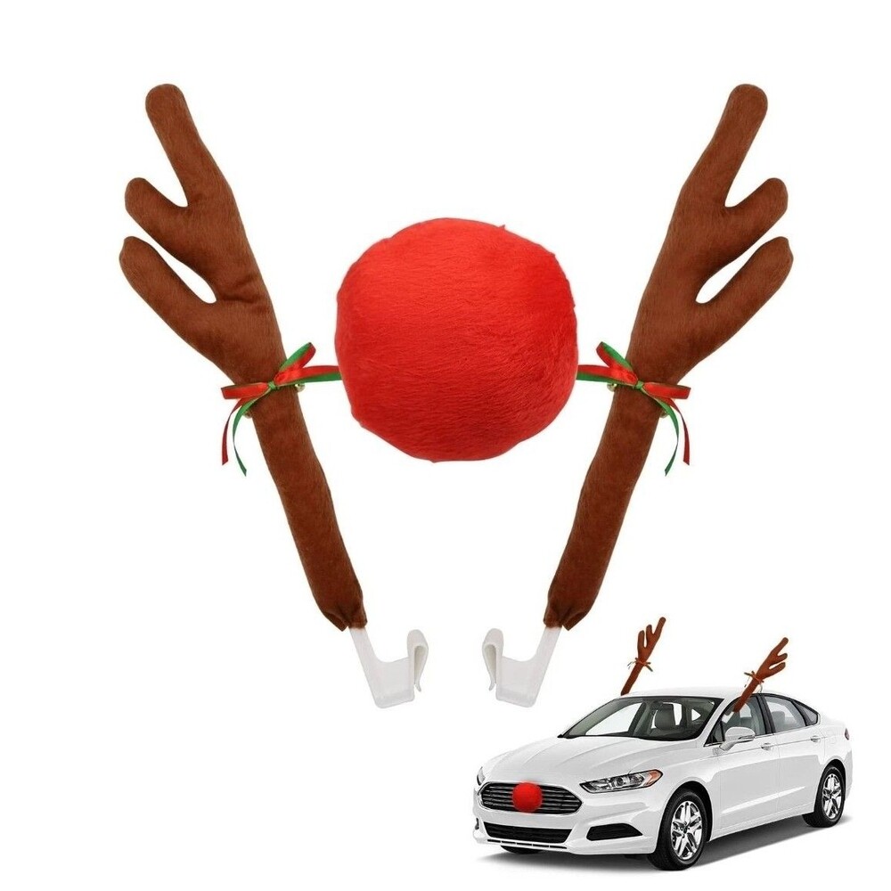 Reindeer Antlers & Nose Car Decoration Kit Plush Rudolf Auto Car Christmas Deco